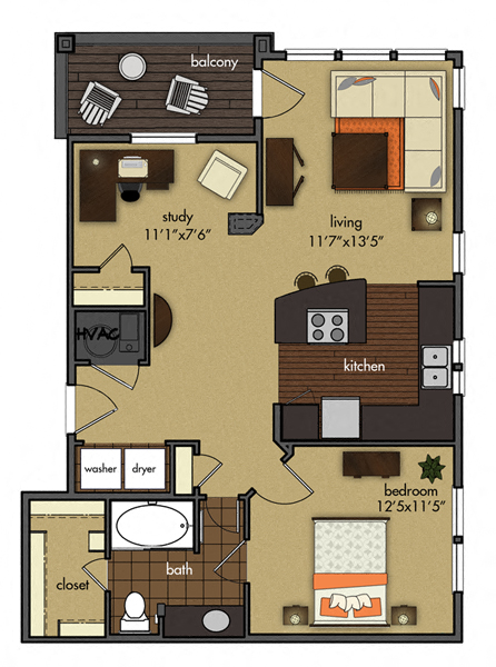 Floor plan for 1 bed, 1 bath, 831 sqft