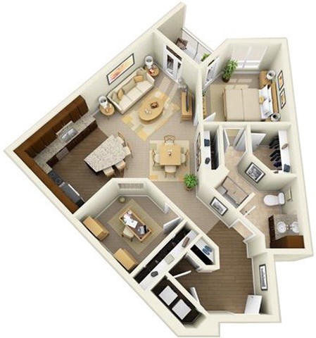 Floor plan for 1 bed, 1 bath, 1030 sqft