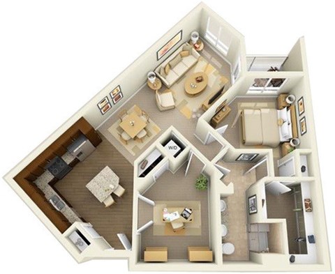 Floor plan for 1 bed, 1 bath, 1079 sqft