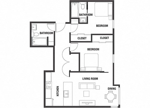 Floor plan for 2 beds, 2 baths, 773 sqft