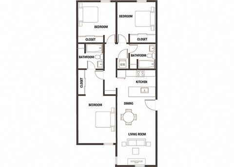 Floor plan for 3 beds, 2 baths, 1084 sqft