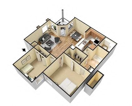Floor plan for 2 beds, 1 bath, 945 sqft