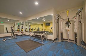 Seattle apartment for rent - a gym with weights and other equipment on a blue floor