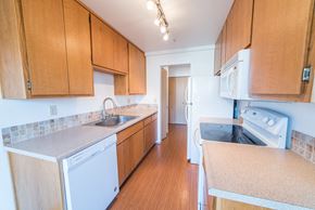 Seattle apartment for rent - a kitchen with wooden cabinets and a stove and a sink