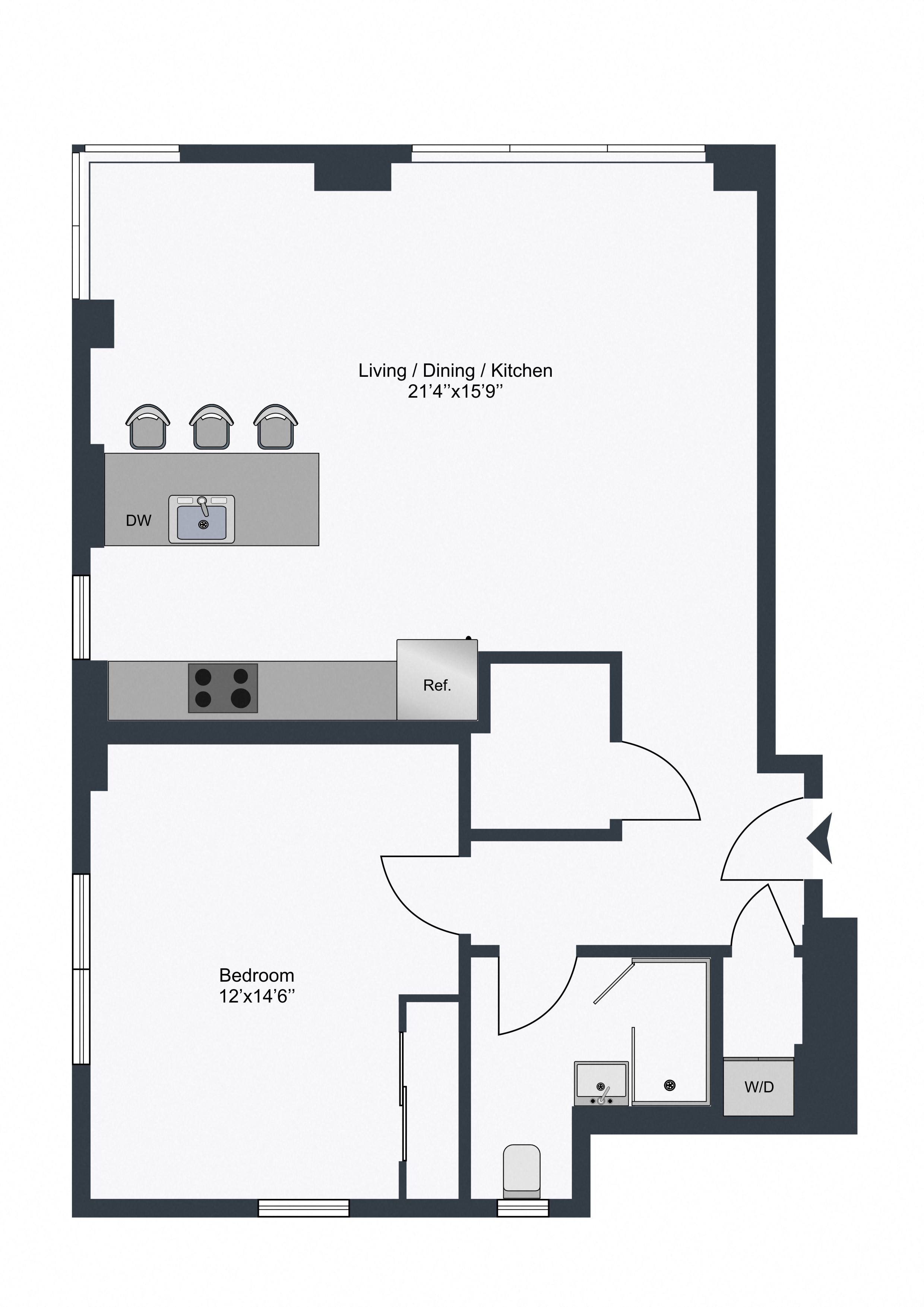 Floor plan for 1 bed, 1 bath, 824 sqft