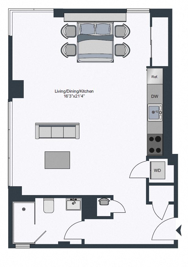 Floor plan for studio, 1 bath, 589 sqft