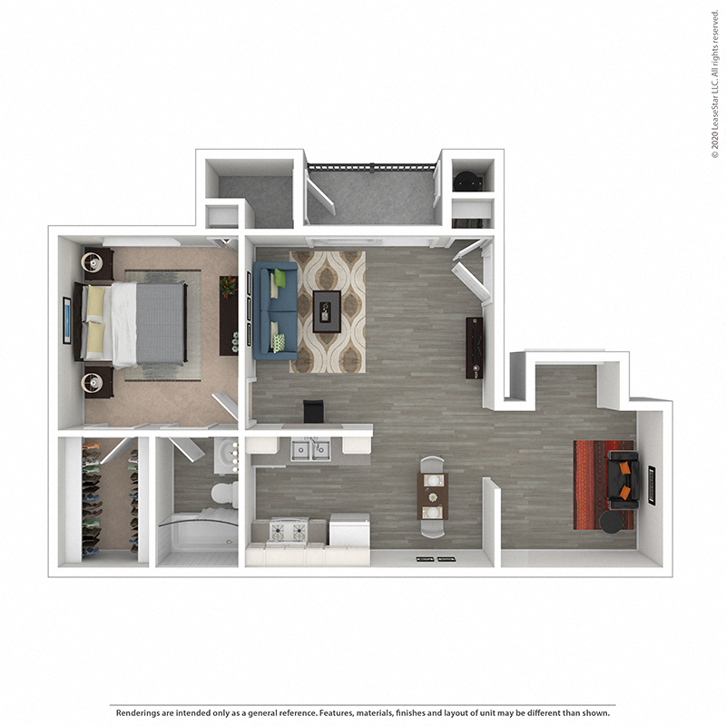 Floor plan for 1 bed, 1 bath, 910 sqft