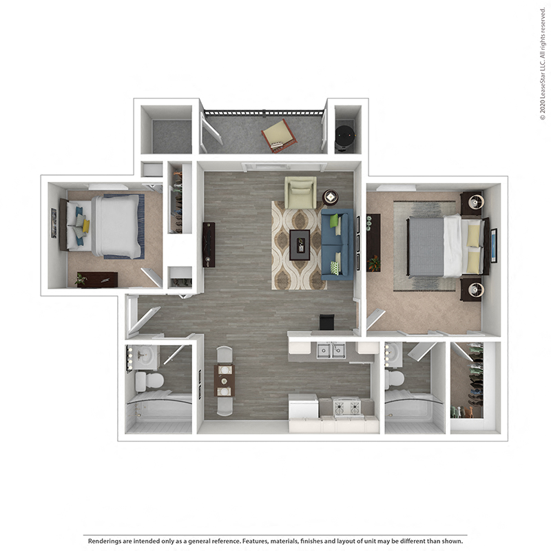 Floor plan for 2 beds, 2 baths, 980 sqft