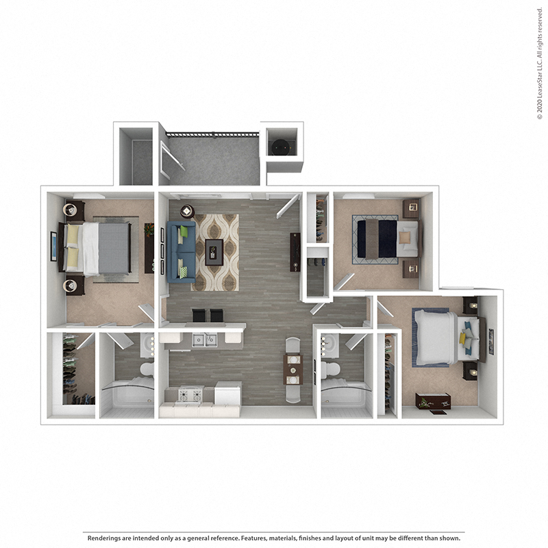 Floor plan for 3 beds, 2 baths, 1100 sqft
