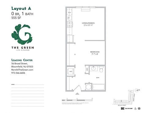 Floor plan for studio, 1 bath, 555 sqft