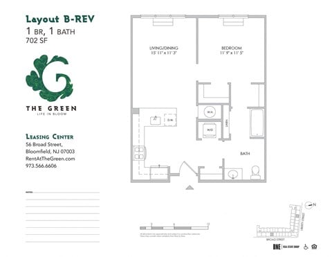 Floor plan for 1 bed, 1 bath, 702 sqft