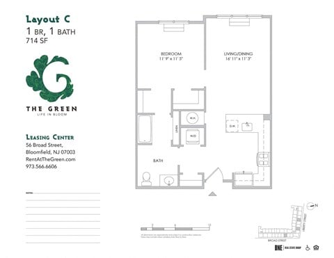 Floor plan for 1 bed, 1 bath, 714 sqft