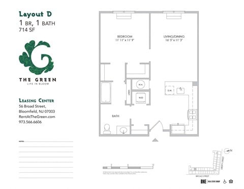 Floor plan for 1 bed, 1 bath, 714 sqft