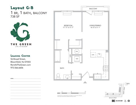 Floor plan for 1 bed, 1 bath, 738 sqft