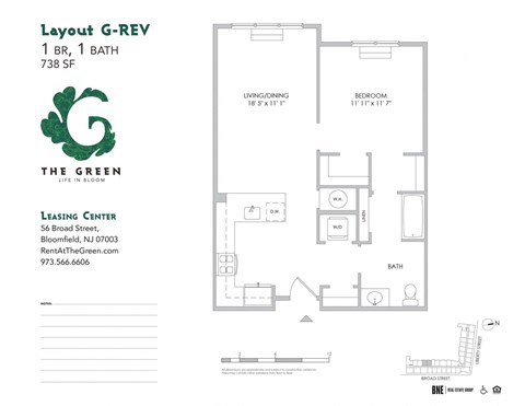 Floor plan for 1 bed, 1 bath, 738 sqft
