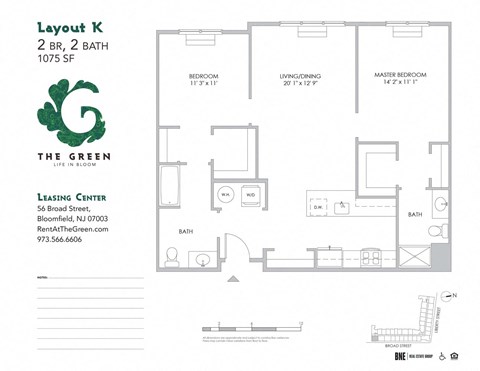 Floor plan for 2 beds, 2 baths, 1075 sqft