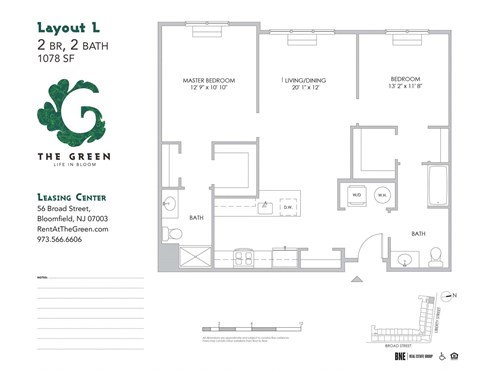 Floor plan for 2 beds, 2 baths, 1078 sqft
