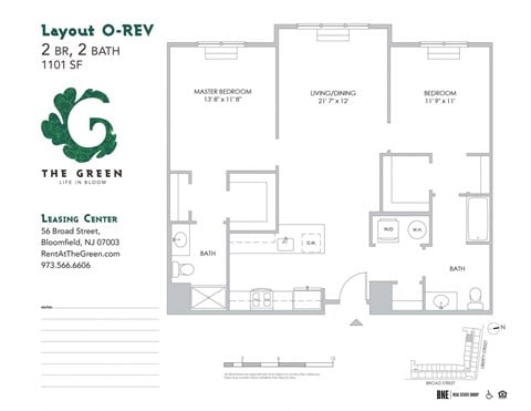 Floor plan for 2 beds, 2 baths, 1101 sqft