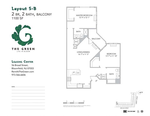 Floor plan for 2 beds, 2 baths, 1100 sqft
