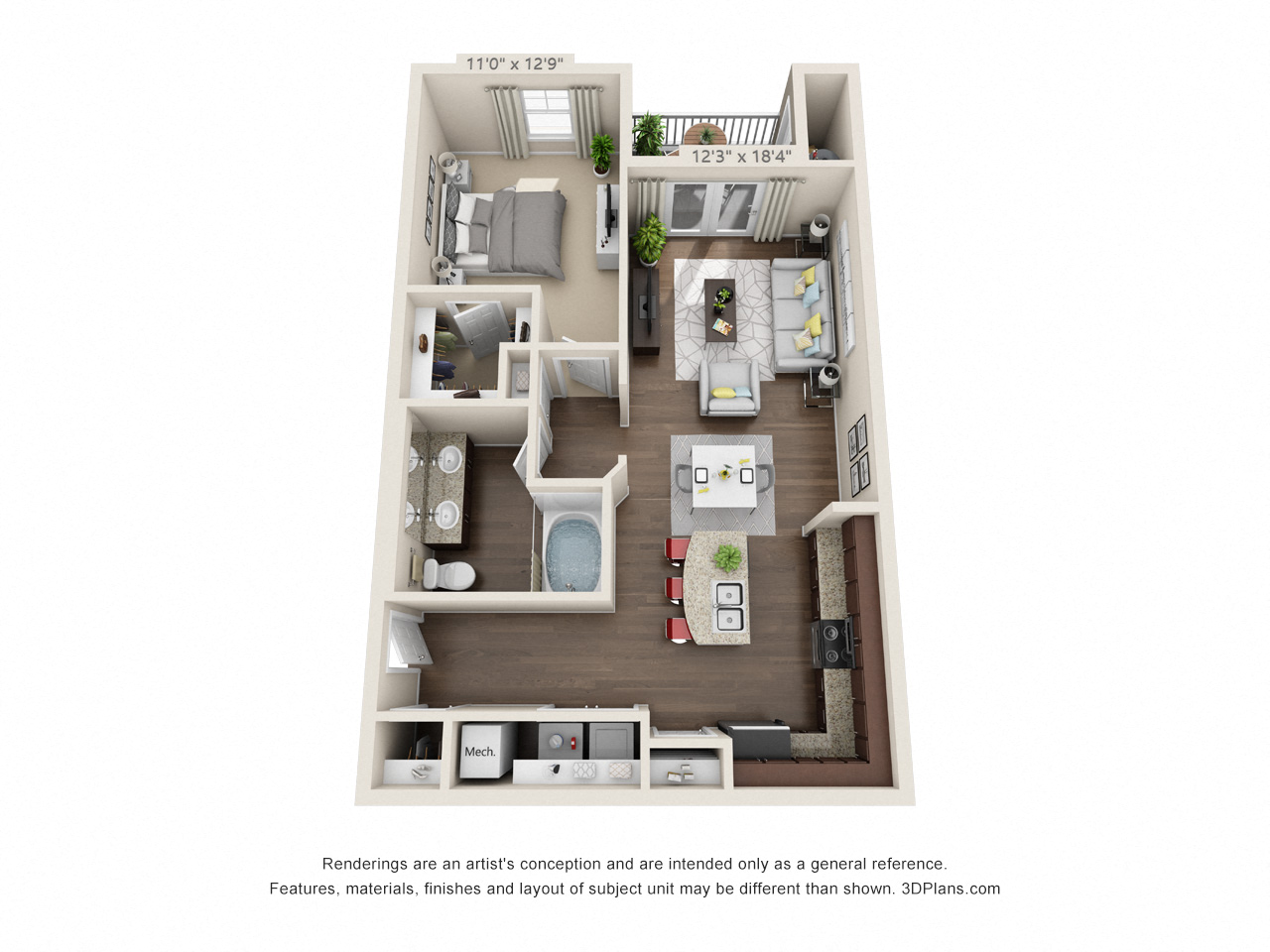 Floor plan for 1 bed, 1 bath, 817 sqft