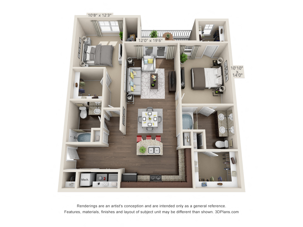 Floor plan for 2 beds, 2 baths, 1227 sqft