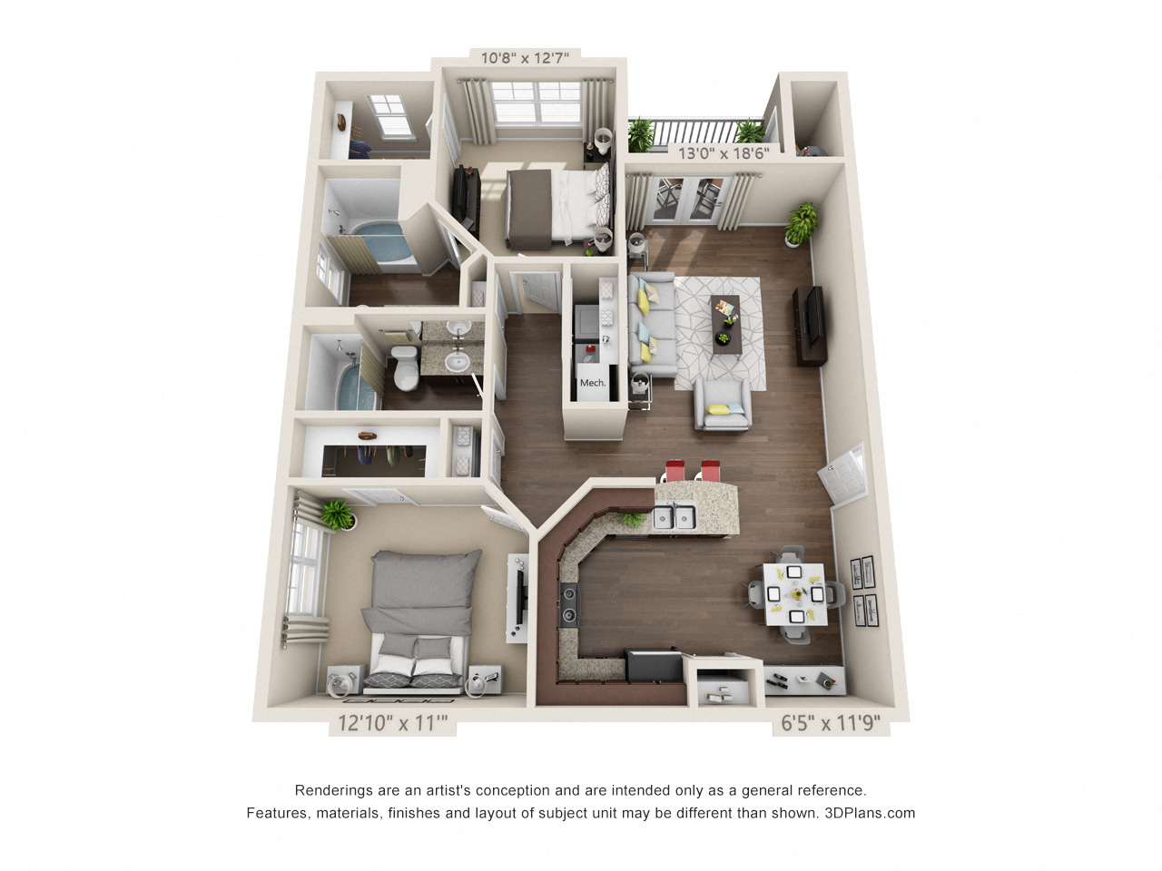 Floor plan for 2 beds, 2 baths, 1130 sqft
