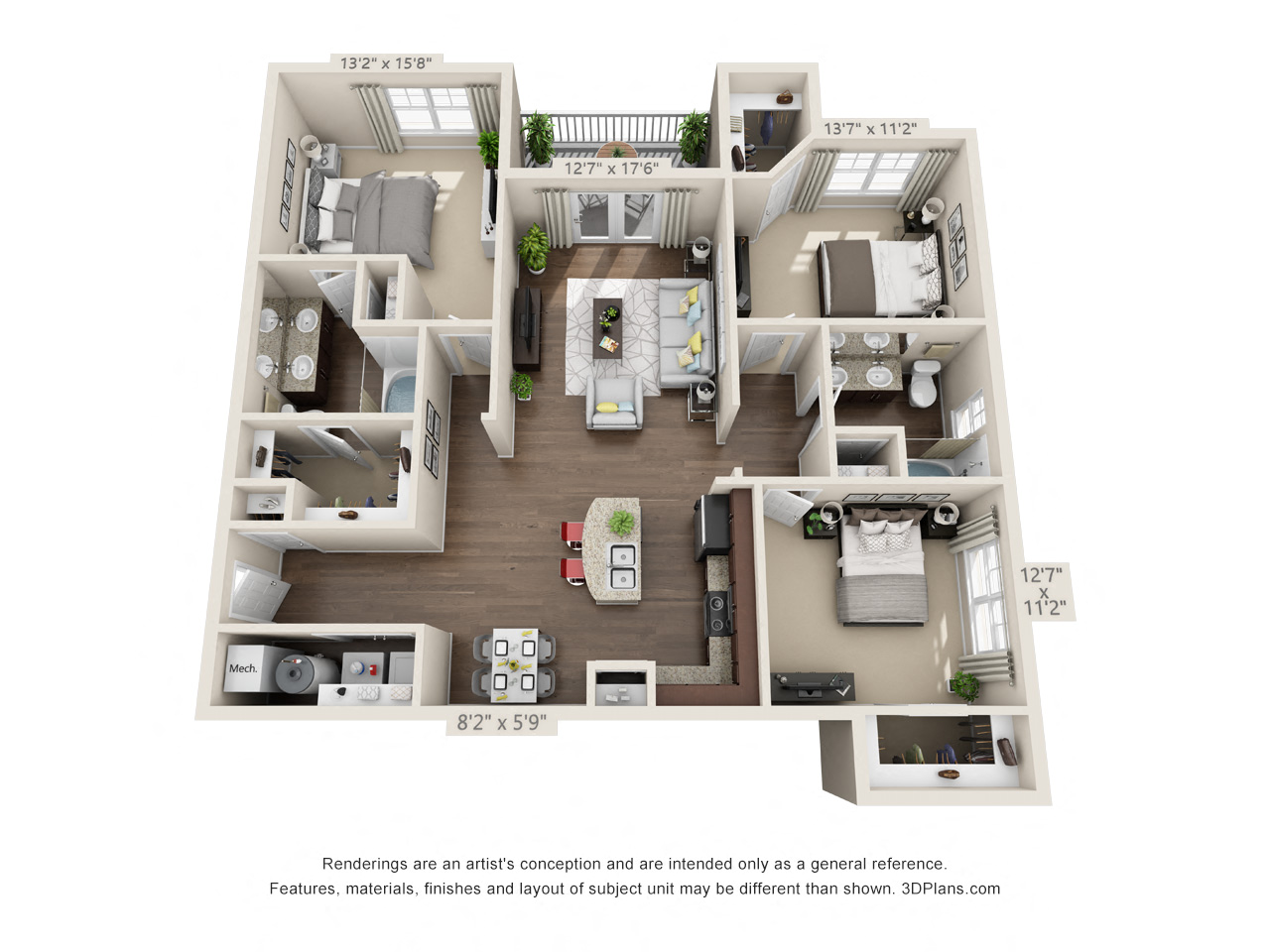 Floor plan for 3 beds, 2 baths, 1431 sqft