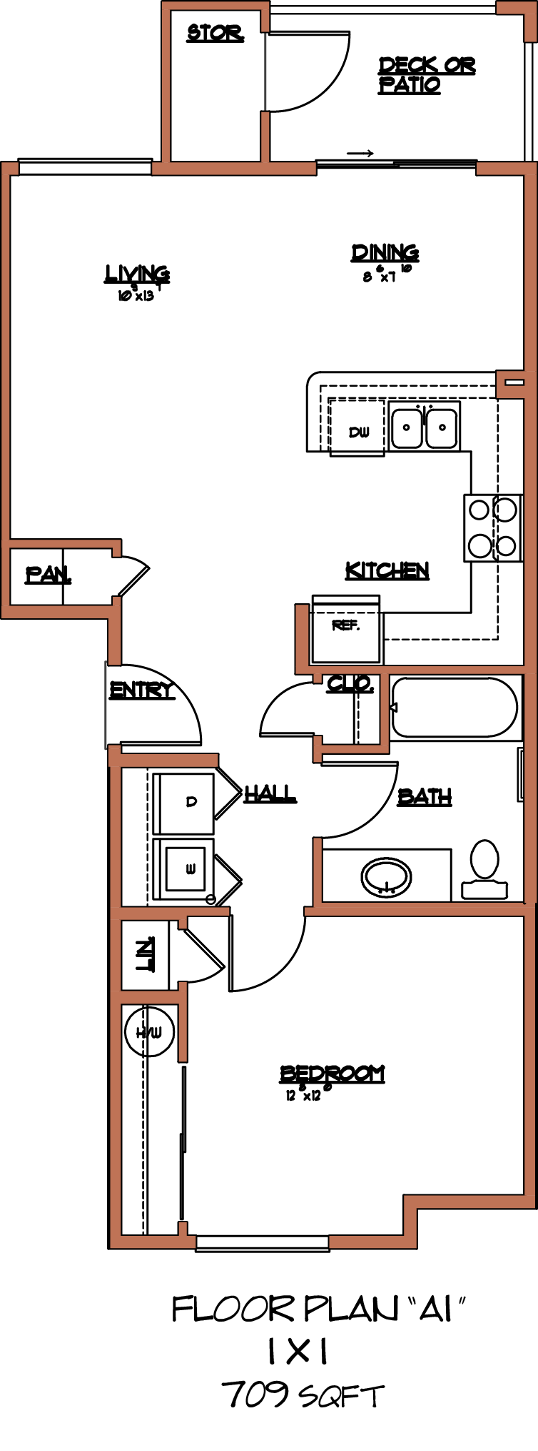 Floor plan for 1 bed, 1 bath, 709 sqft