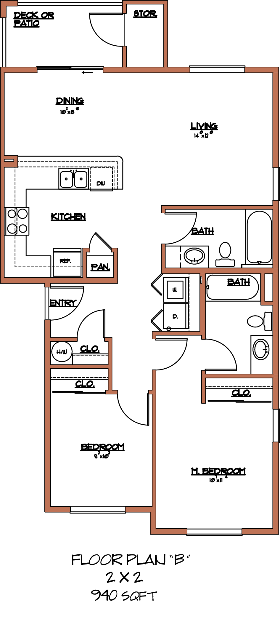 Floor plan for 2 beds, 2 baths, 940 sqft