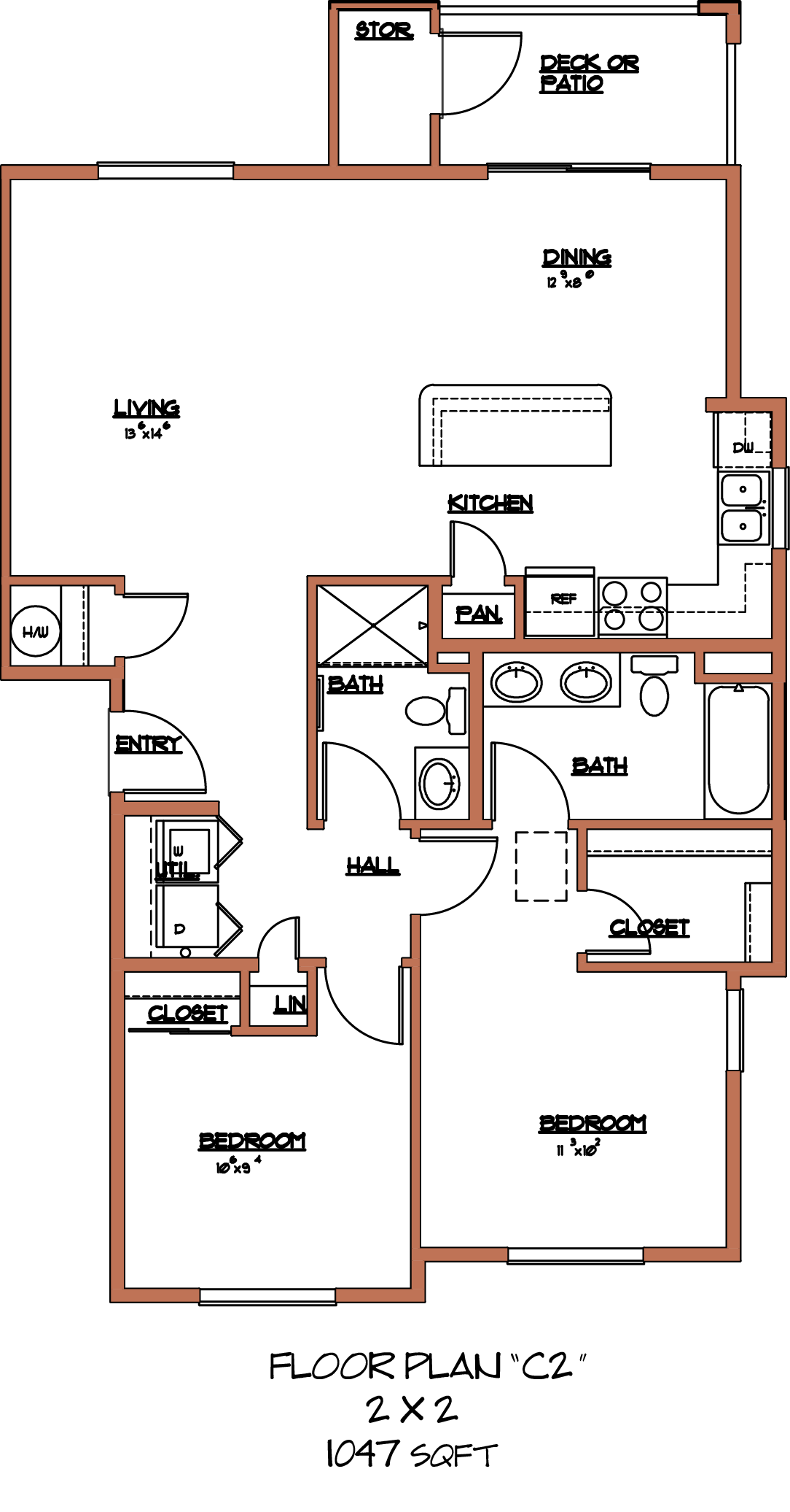 Floor plan for 2 beds, 2 baths, 1047 sqft