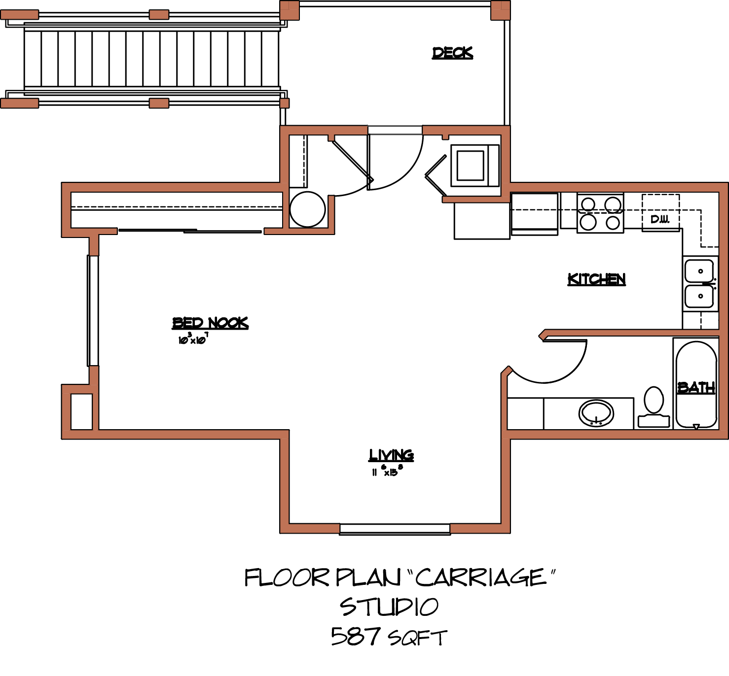 Floor plan for studio, 1 bath, 587 sqft