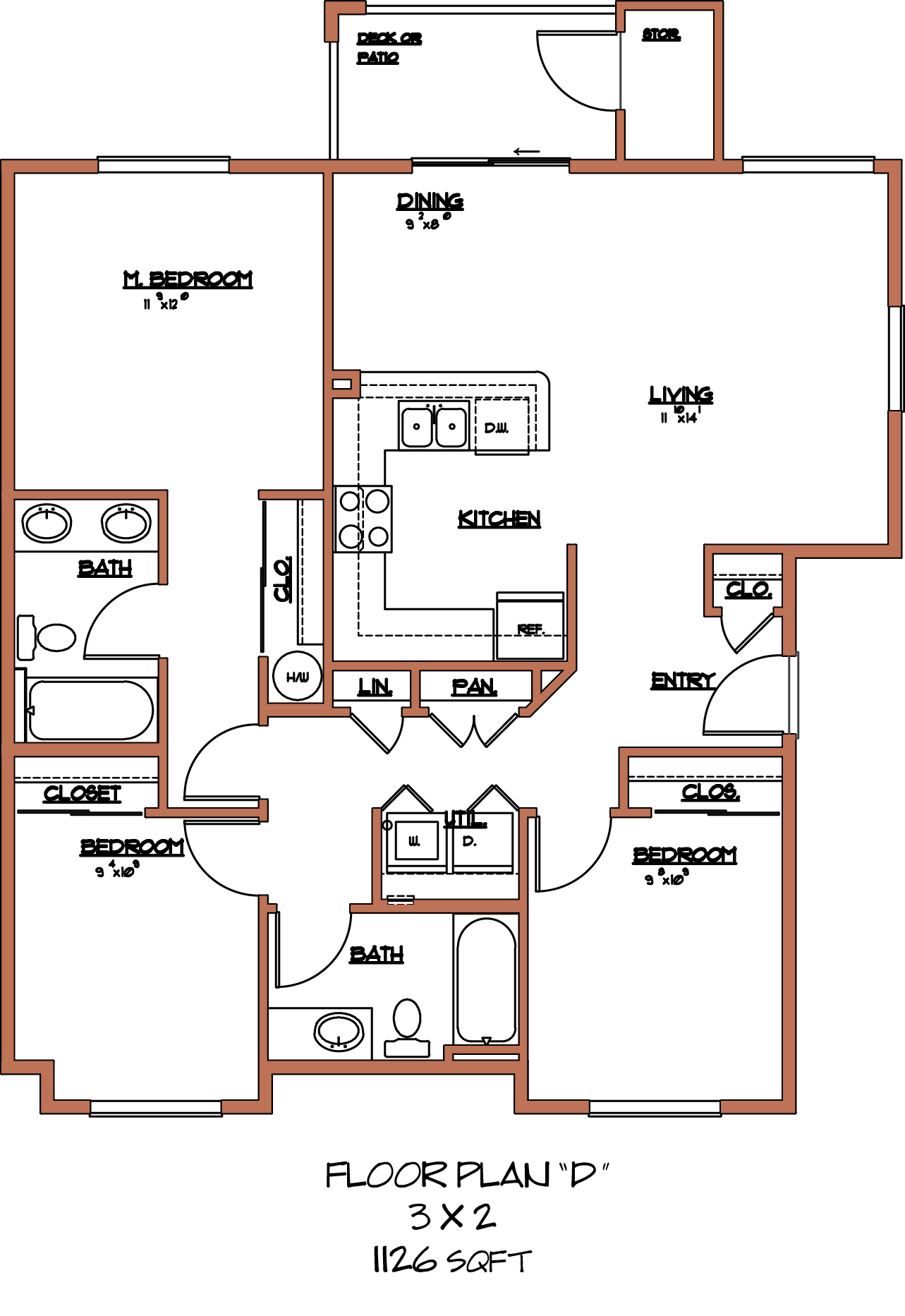 Floor plan for 3 beds, 2 baths, 1126 sqft