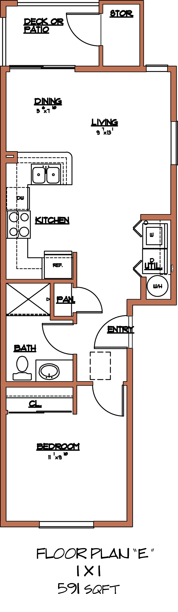 Floor plan for 1 bed, 1 bath, 591 sqft