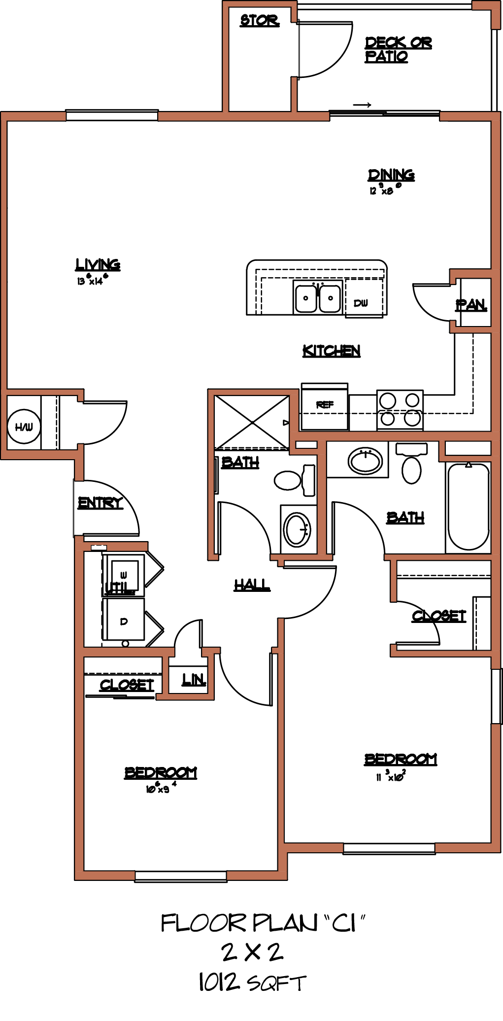 Floor plan for 2 beds, 2 baths, 1012 sqft