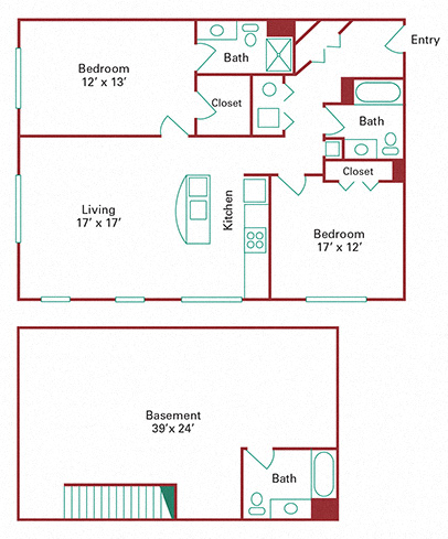 Floor plan for 2 beds, 3 baths, 2288 sqft