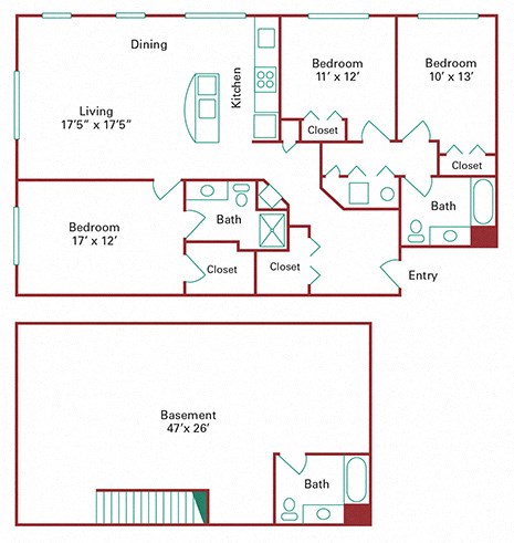 Floor plan for 3 beds, 3 baths, 2808 sqft