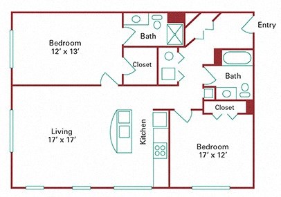 Floor plan for 2 beds, 2 baths, 1256 sqft