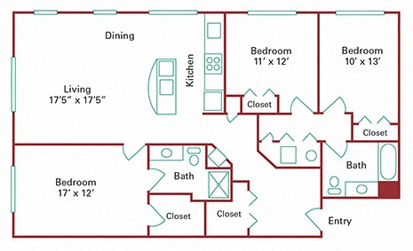 Floor plan for 3 beds, 2 baths, 1404 sqft