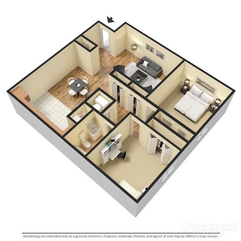 Floor plan for 2 beds, 1 bath, 860 sqft