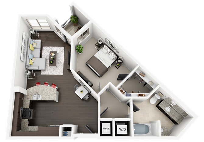 Floor plan for 1 bed, 1 bath, 775 sqft