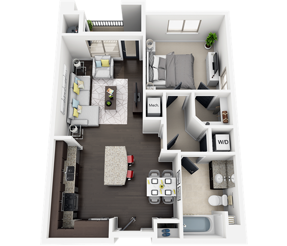 Floor plan for 1 bed, 1 bath, 764 sqft