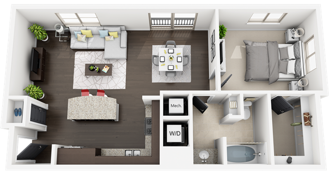 Floor plan for 1 bed, 1 bath, 836 sqft