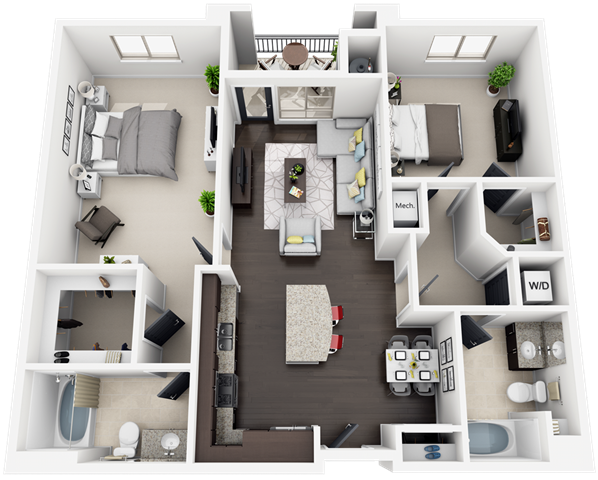Floor plan for 2 beds, 2 baths, 1173 sqft
