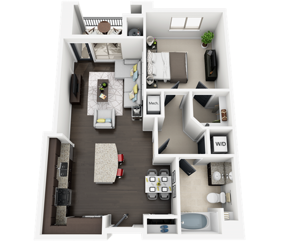 Floor plan for 1 bed, 1 bath, 781 sqft