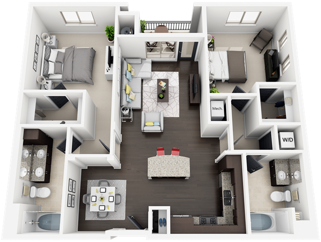 Floor plan for 2 beds, 2 baths, 1175 sqft