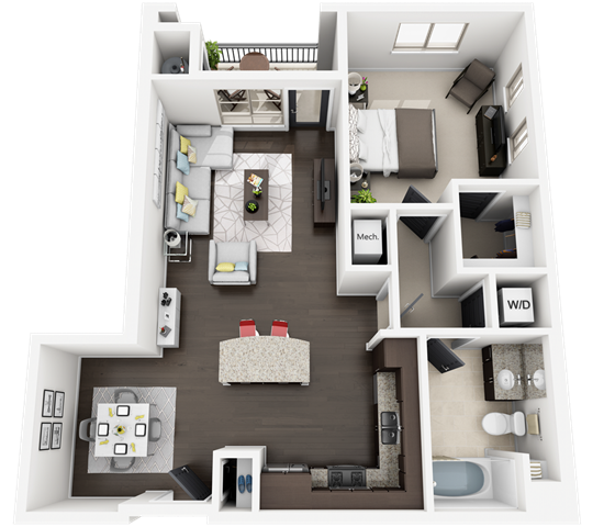 Floor plan for 1 bed, 1 bath, 839 sqft