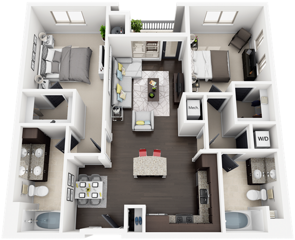 Floor plan for 2 beds, 2 baths, 1082 sqft