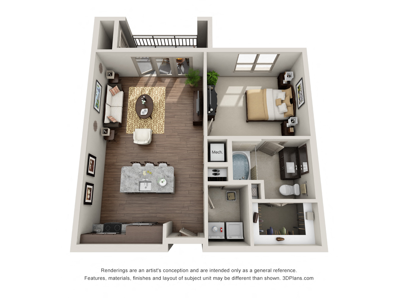 Floor plan for 1 bed, 1 bath, 753 sqft