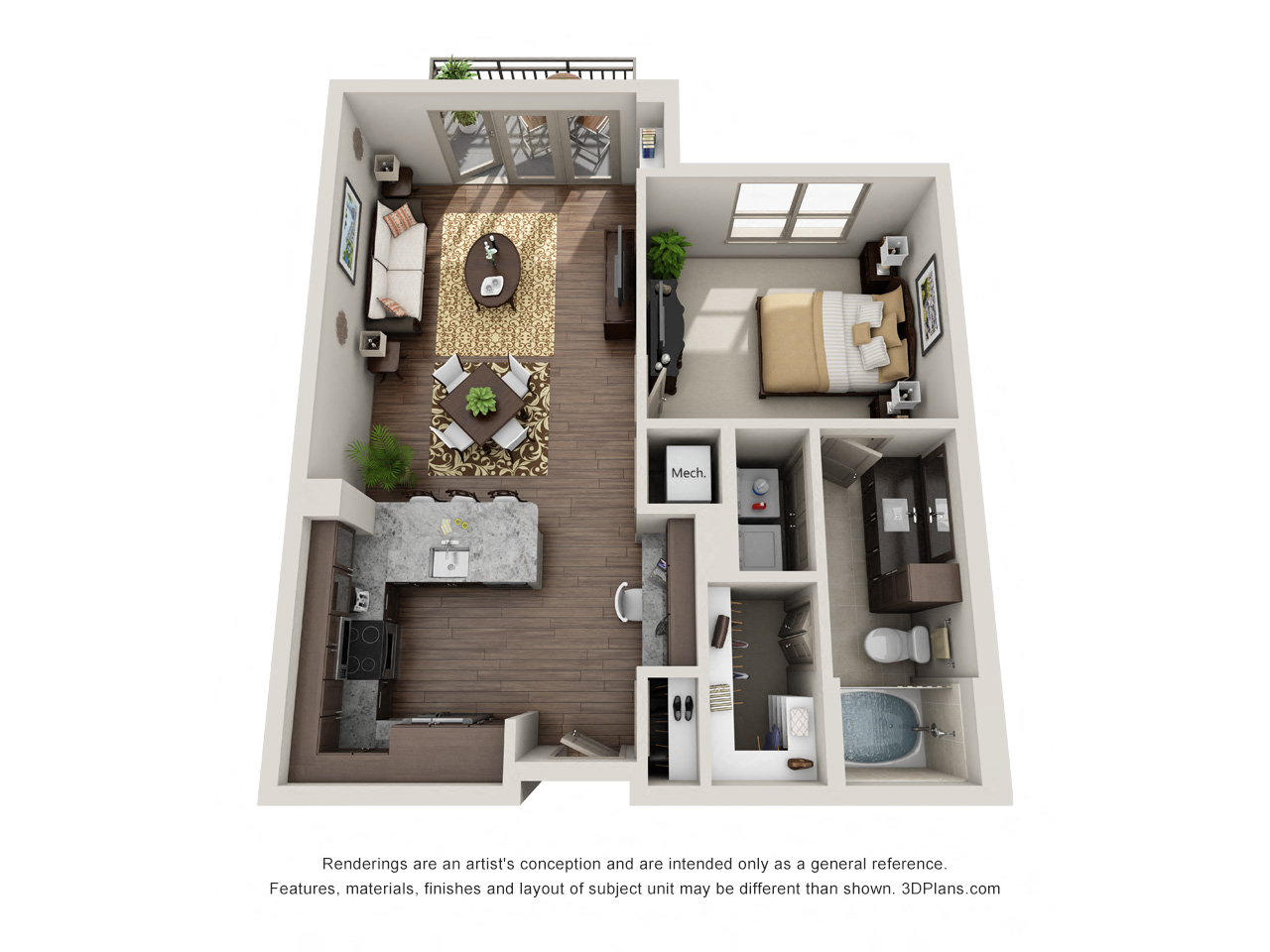 Floor plan for 1 bed, 1 bath, 688 sqft