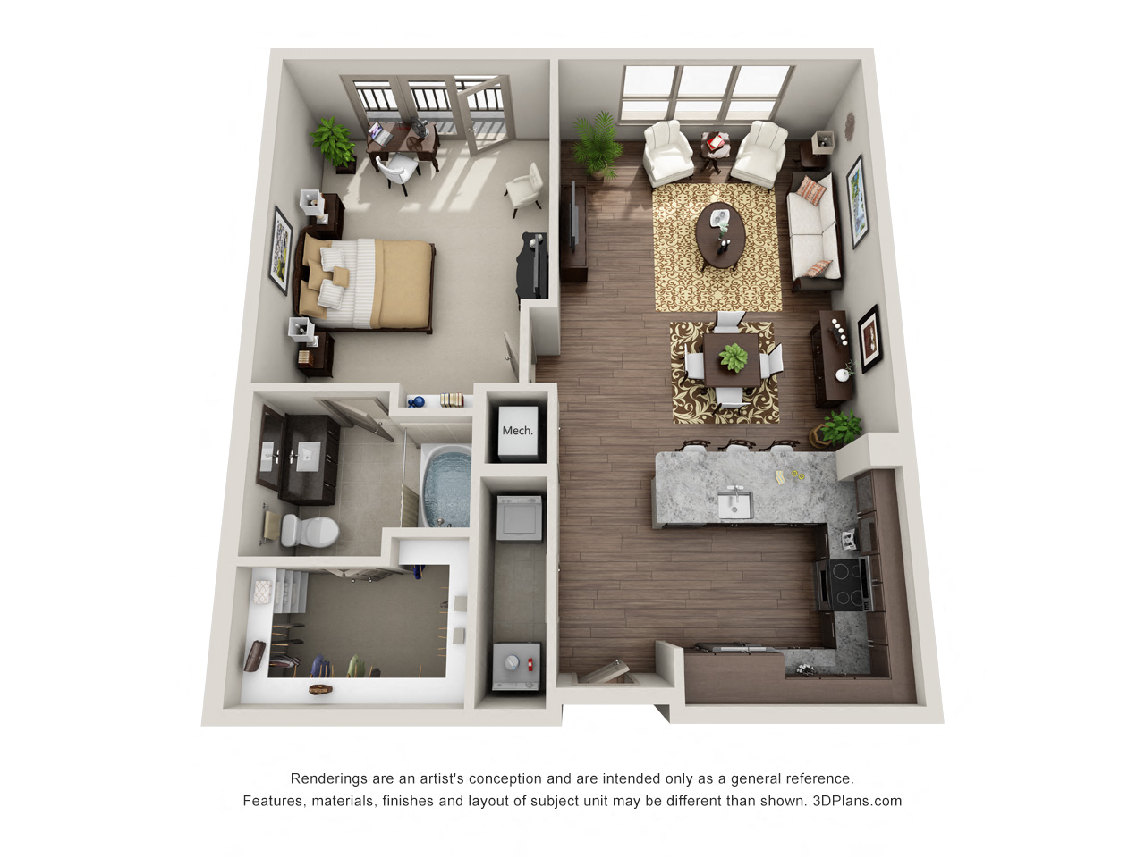 Floor plan for 1 bed, 1 bath, 894 sqft